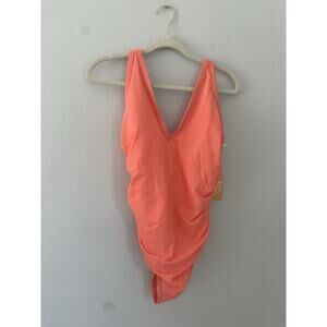 NEW Kona Sol Women's One Piece Ruched Swimsuit Bathing Suit V-Neck Peach 18W